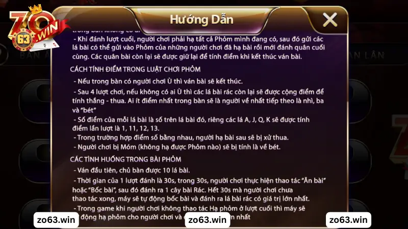 Tính điểm trong bài phỏm Zowin